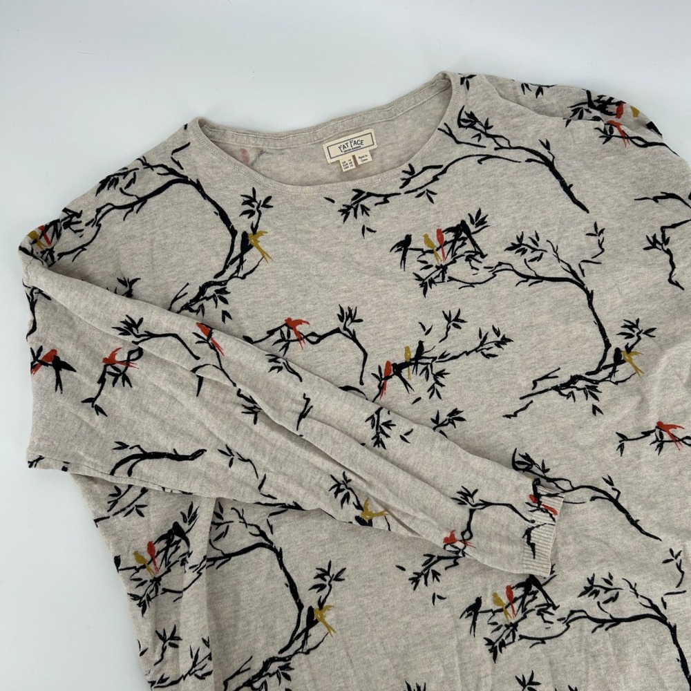 Fat Face Womens Bird Branch Print Grey Knit Long Sleeve Top Size USA 10